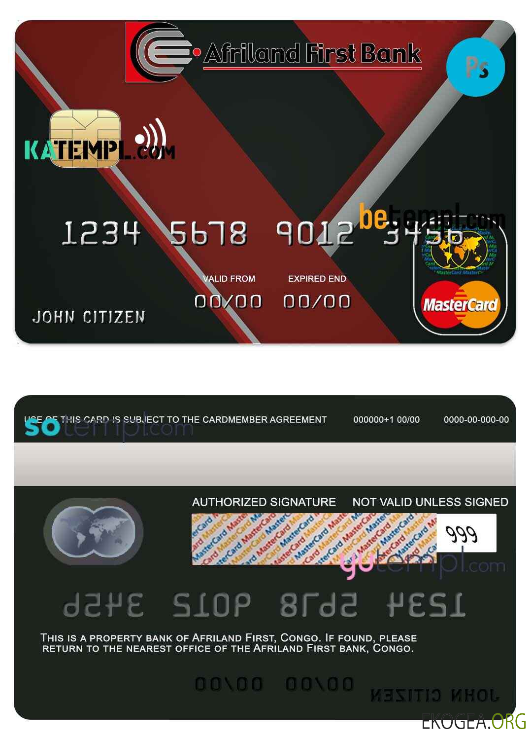 Modèle de carte de crédit Mastercard Congo Afriland First Bank au format PSD, entièrement modifiable